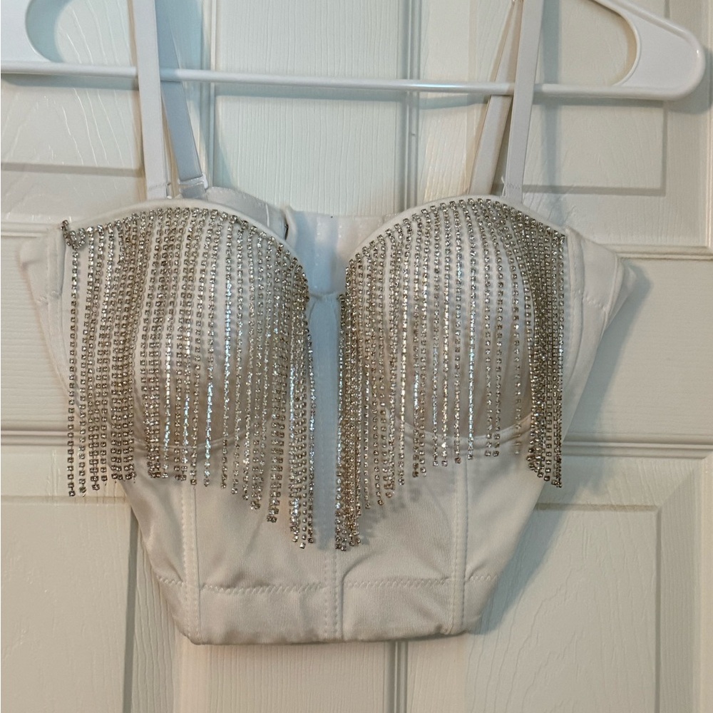 Windsor Rhinestone Fringe White Bustier Top